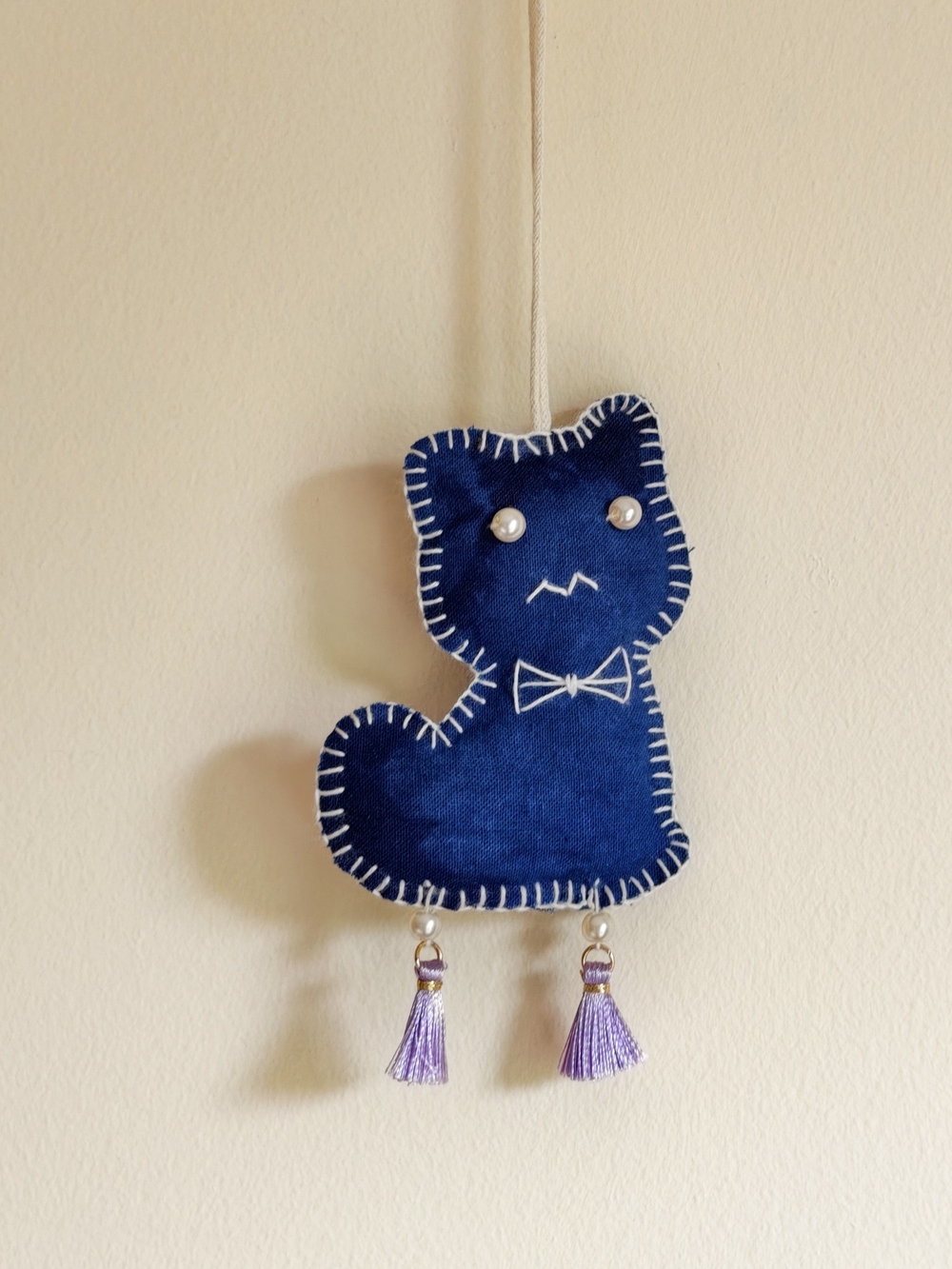 Handmade Navy Blue Cat Tassel Keychain for Kids